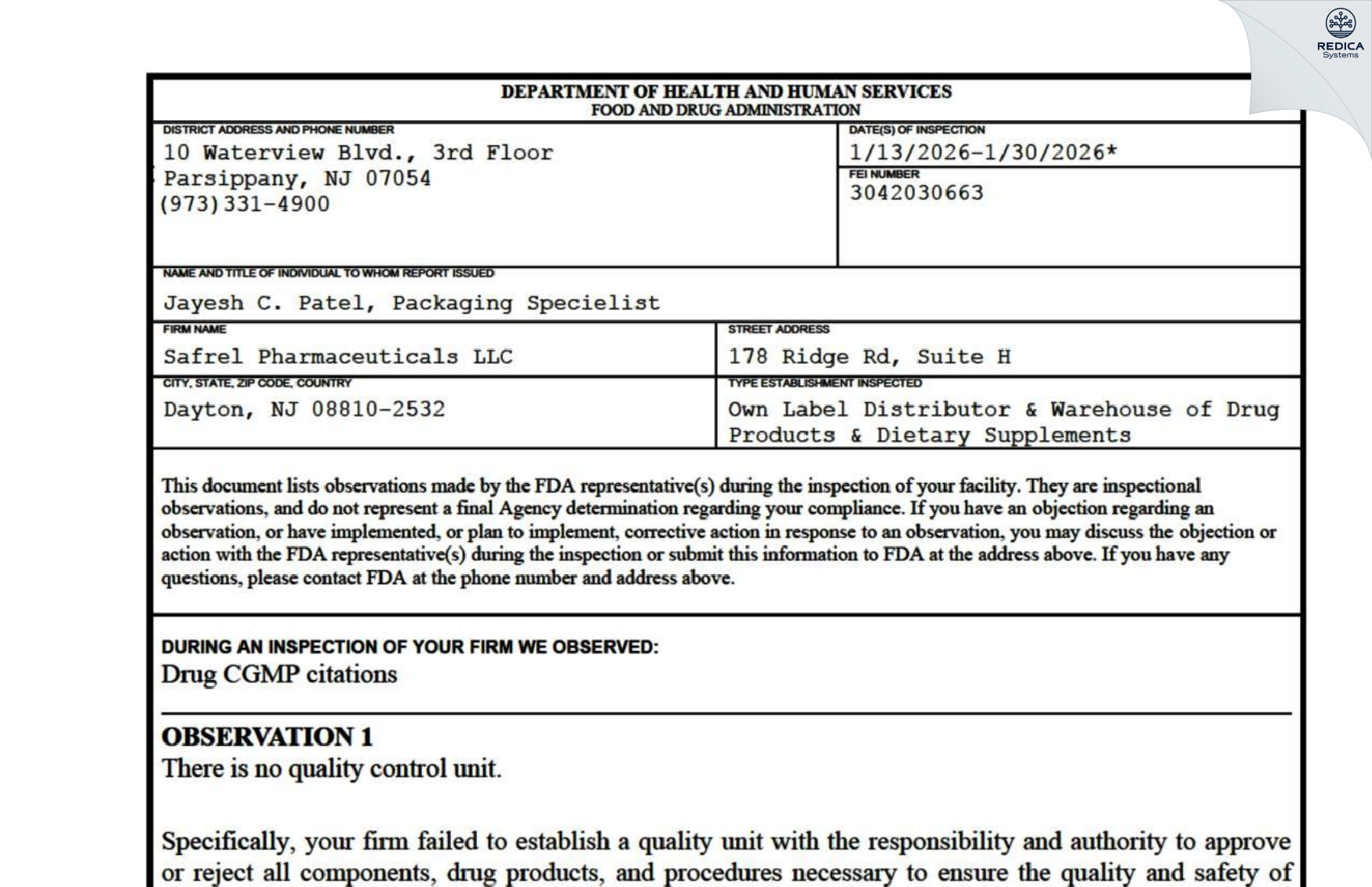 FDA 483 - Safrel Pharmaceuticals LLC [Dayton / United States of America] - Download PDF - Redica Systems