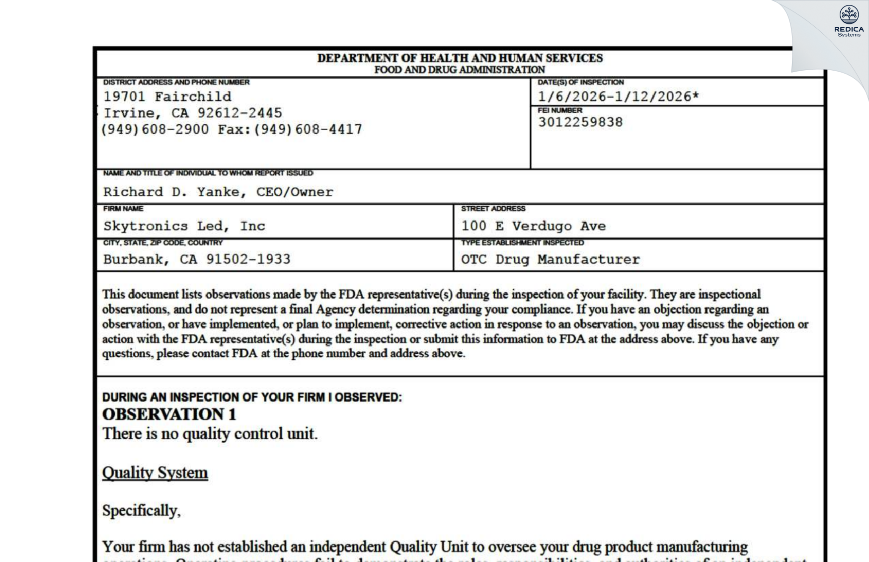 FDA 483 - SKYTRONICS LED, Inc. [Burbank / United States of America] - Download PDF - Redica Systems