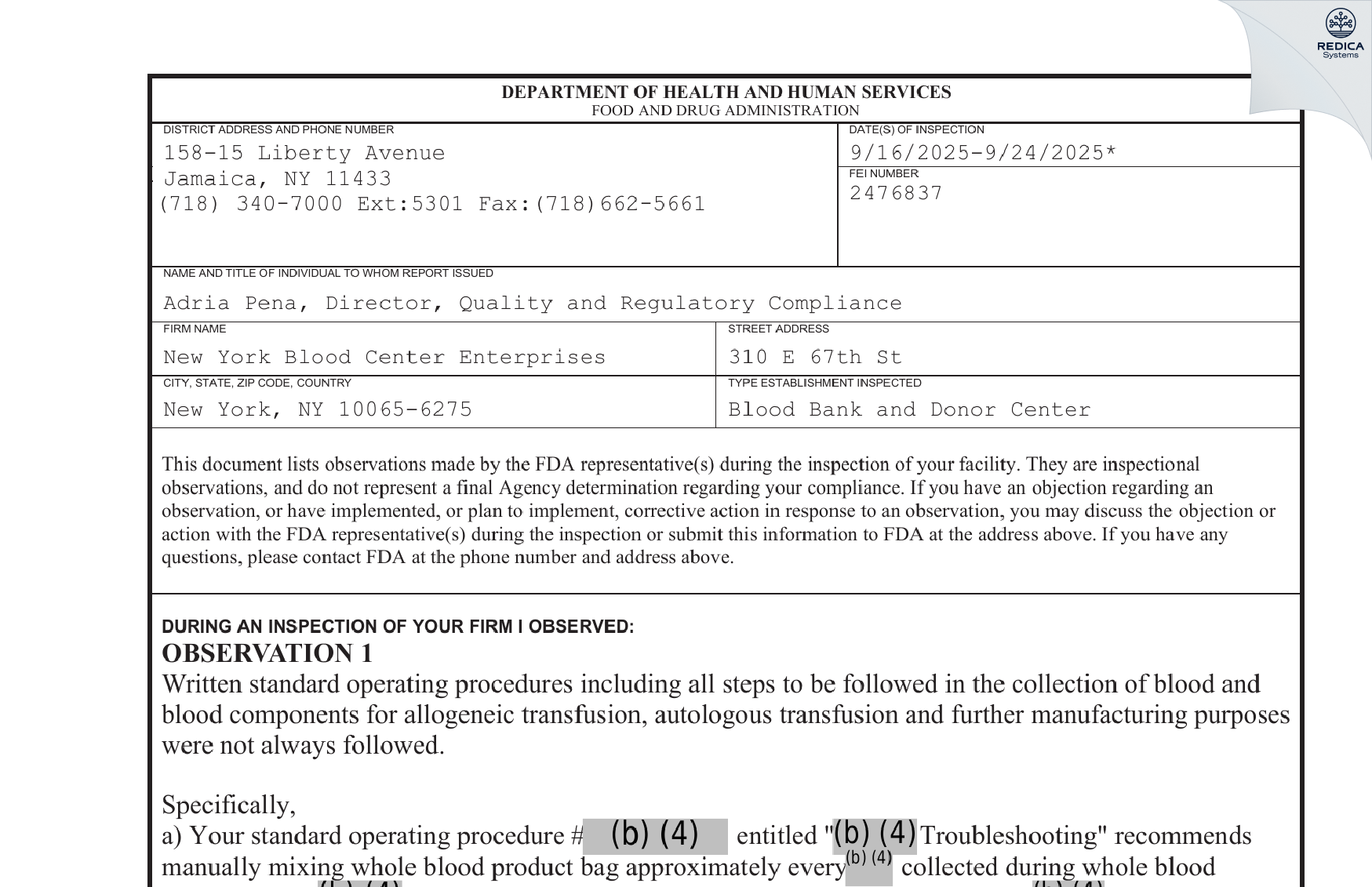 FDA 483 - New York Blood Center Enterprises [New York / United States of America] - Download PDF - Redica Systems