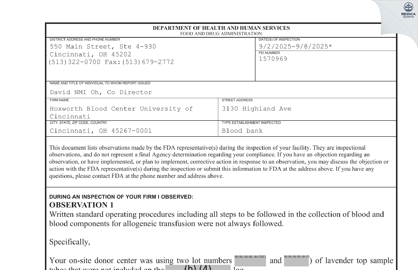 FDA 483 - Hoxworth Blood Center University of Cincinnati [Cincinnati / United States of America] - Download PDF - Redica Systems