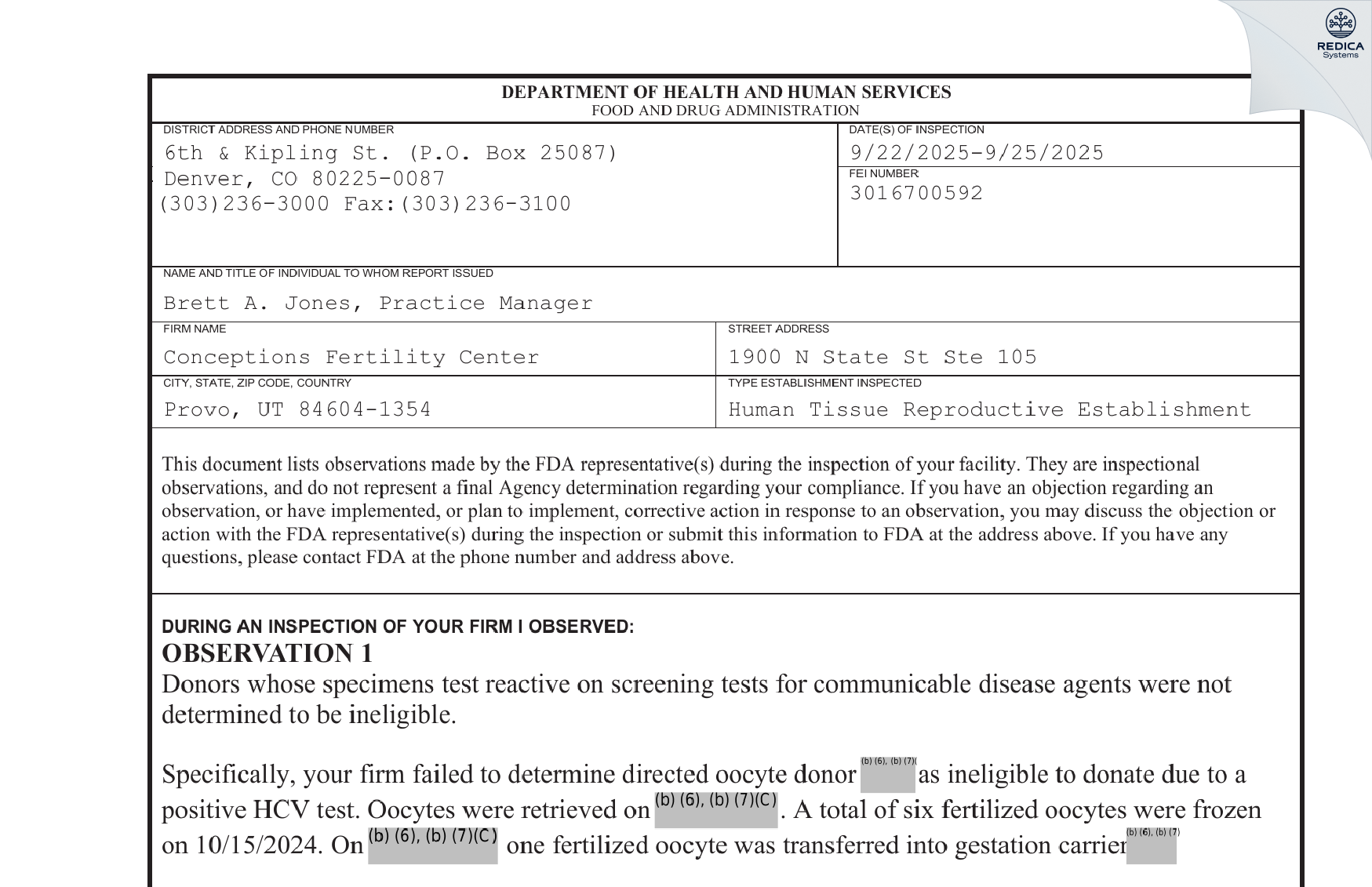 FDA 483 - Conceptions Fertility Center [Provo / United States of America] - Download PDF - Redica Systems