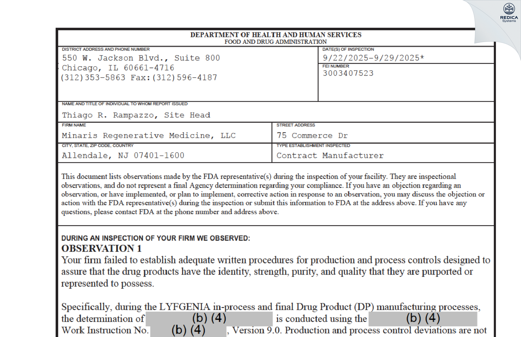 FDA 483 - Minaris Regenerative Medicine, LLC [Allendale / United States of America] - Download PDF - Redica Systems