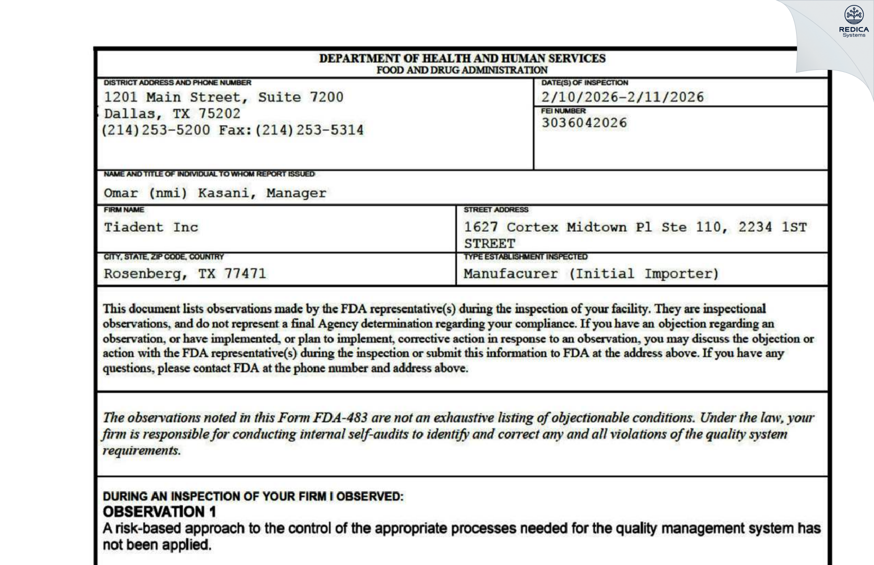 FDA 483 - TIADENT INC [Rosenberg / United States of America] - Download PDF - Redica Systems