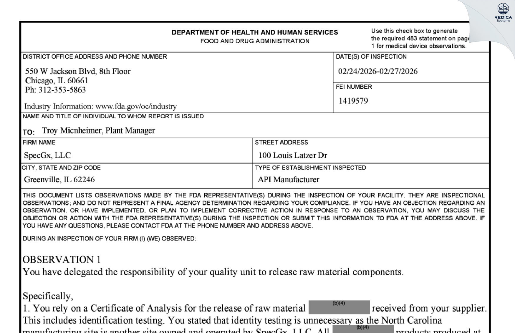FDA 483 - SpecGx LLC [Greenville / United States of America] - Download PDF - Redica Systems