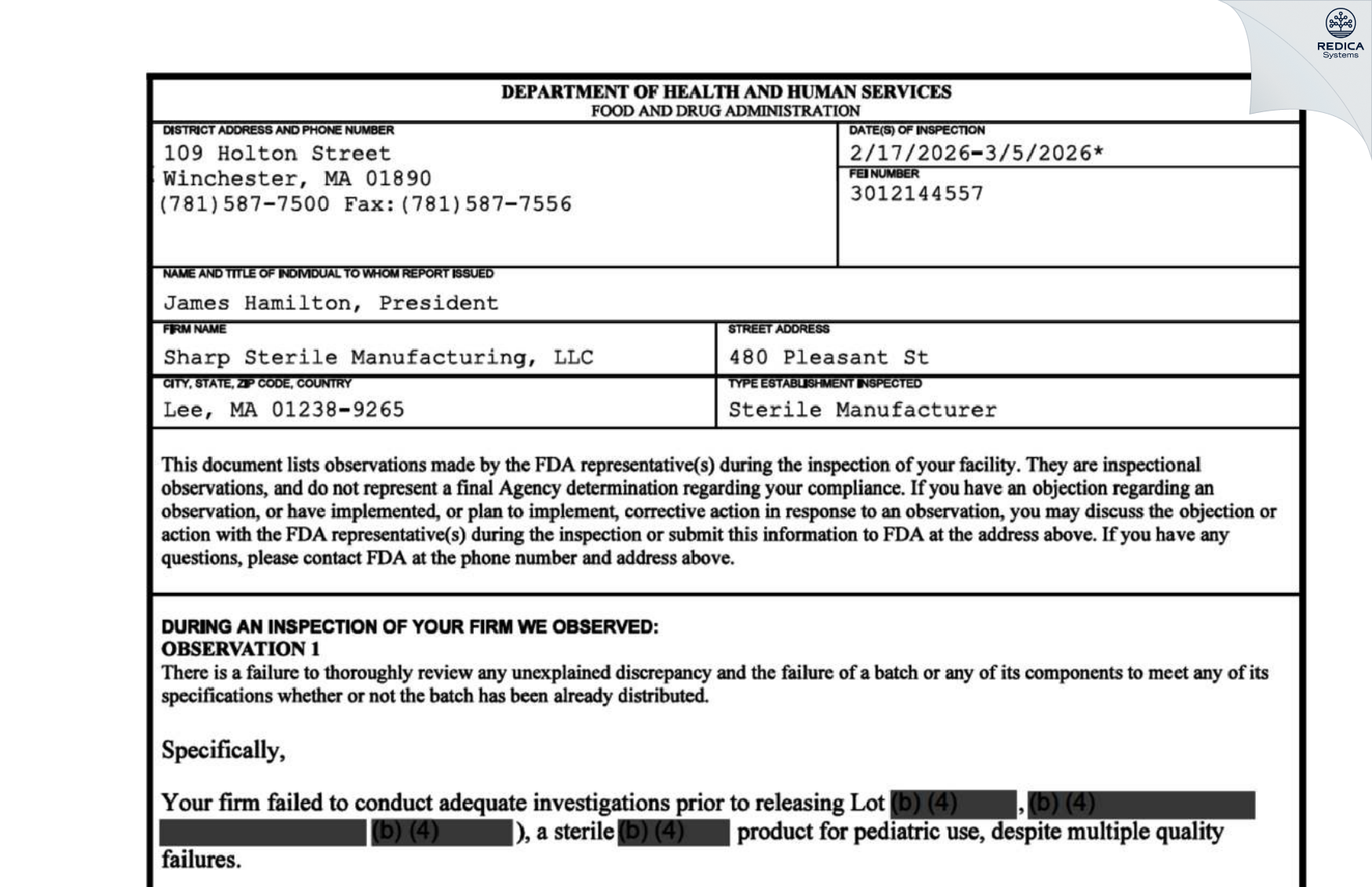 FDA 483 - Berkshire Sterile Manufacturing, Inc. [Lee / United States of America] - Download PDF - Redica Systems