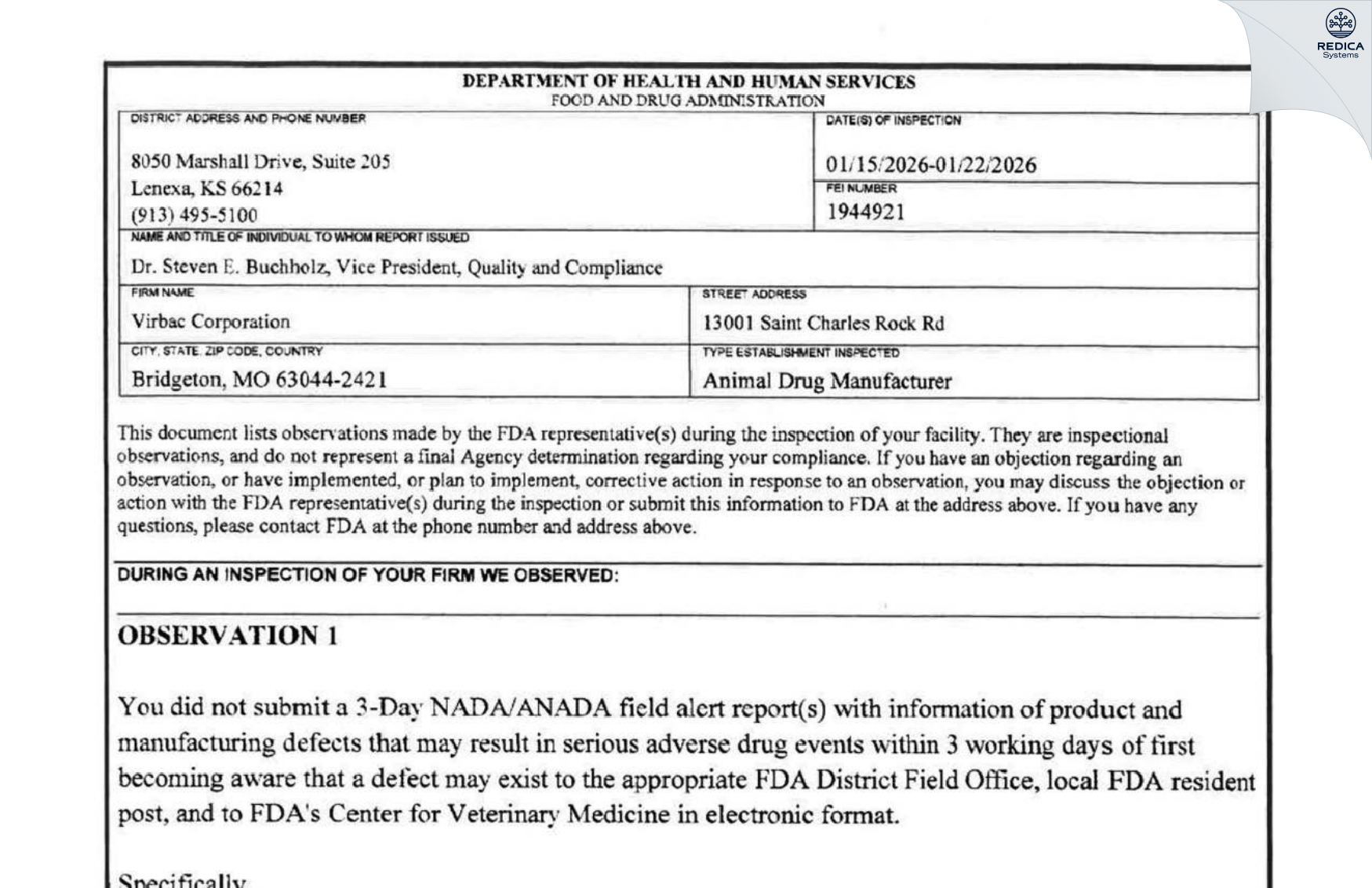 FDA 483 - Virbac Corporation [Bridgeton / United States of America] - Download PDF - Redica Systems