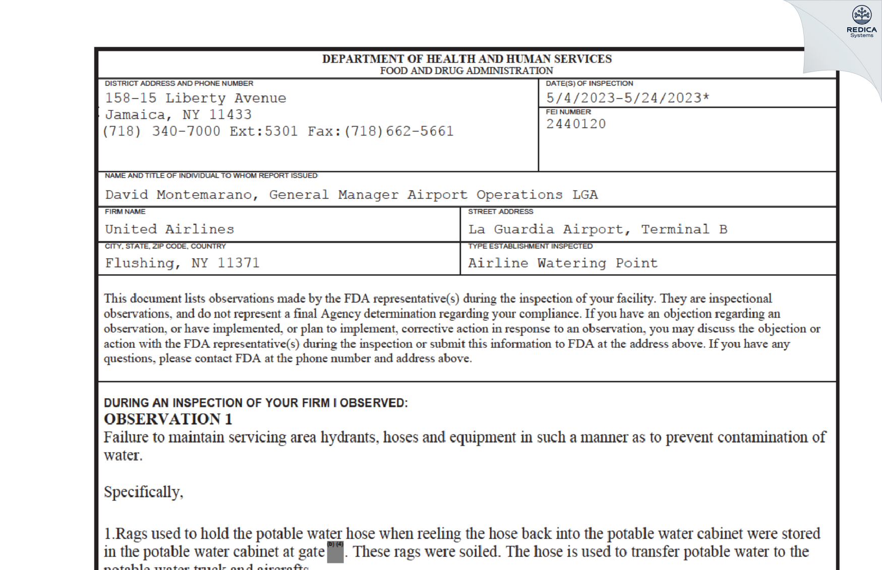 FDA 483 - United Airlines [Flushing / United States of America] - Download PDF - Redica Systems