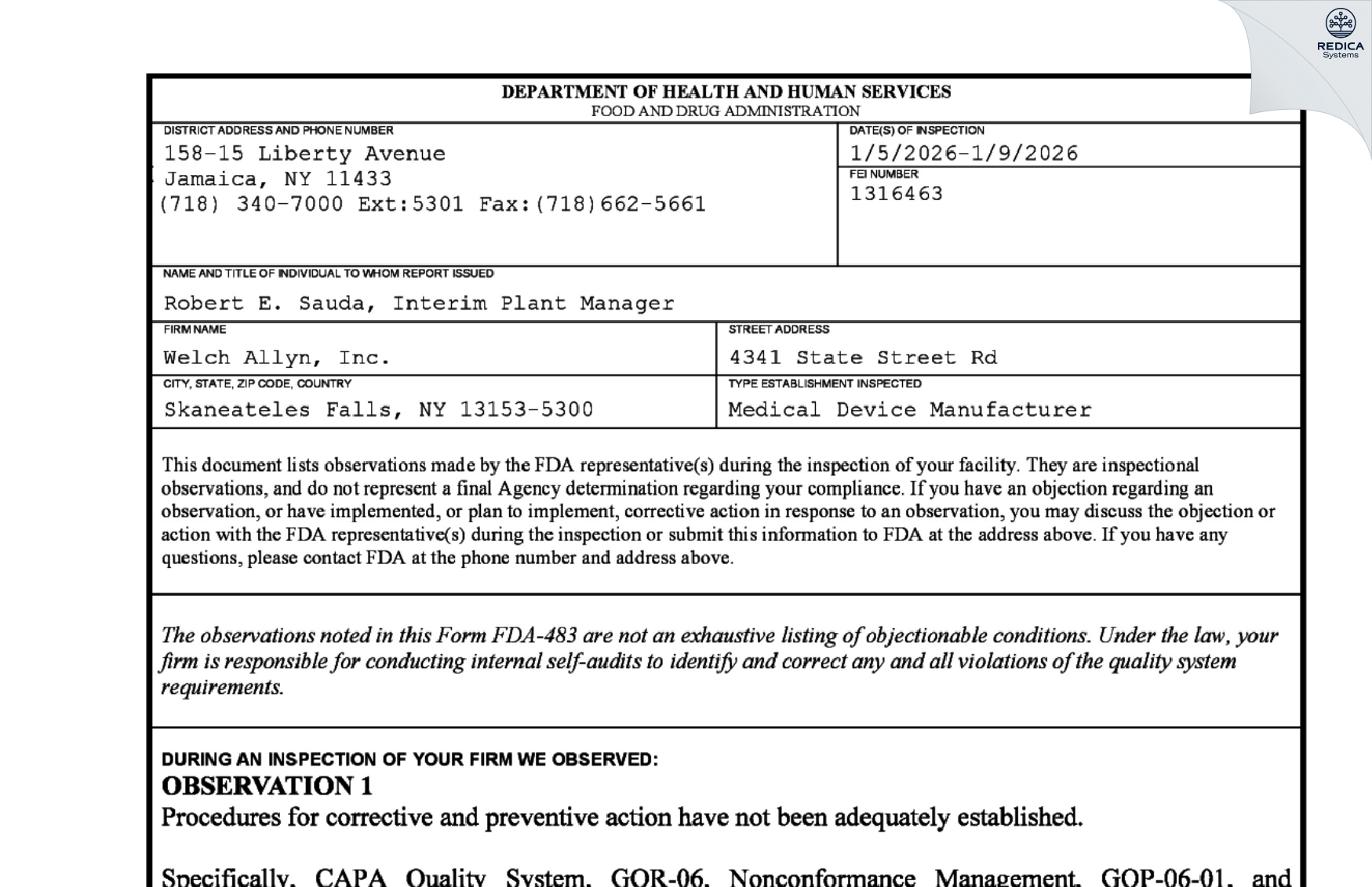 FDA 483 - Welch Allyn Inc [Skaneateles / United States of America] - Download PDF - Redica Systems