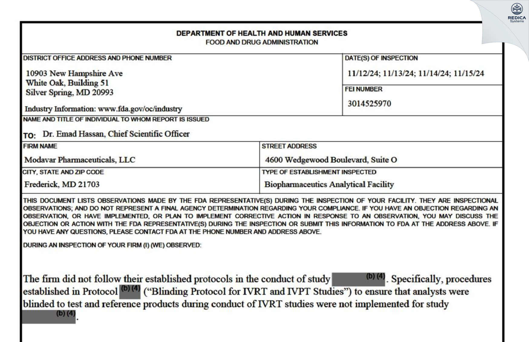 FDA 483 - Modavar Pharmaceuticals, LLC [Frederick / United States of America] - Download PDF - Redica Systems