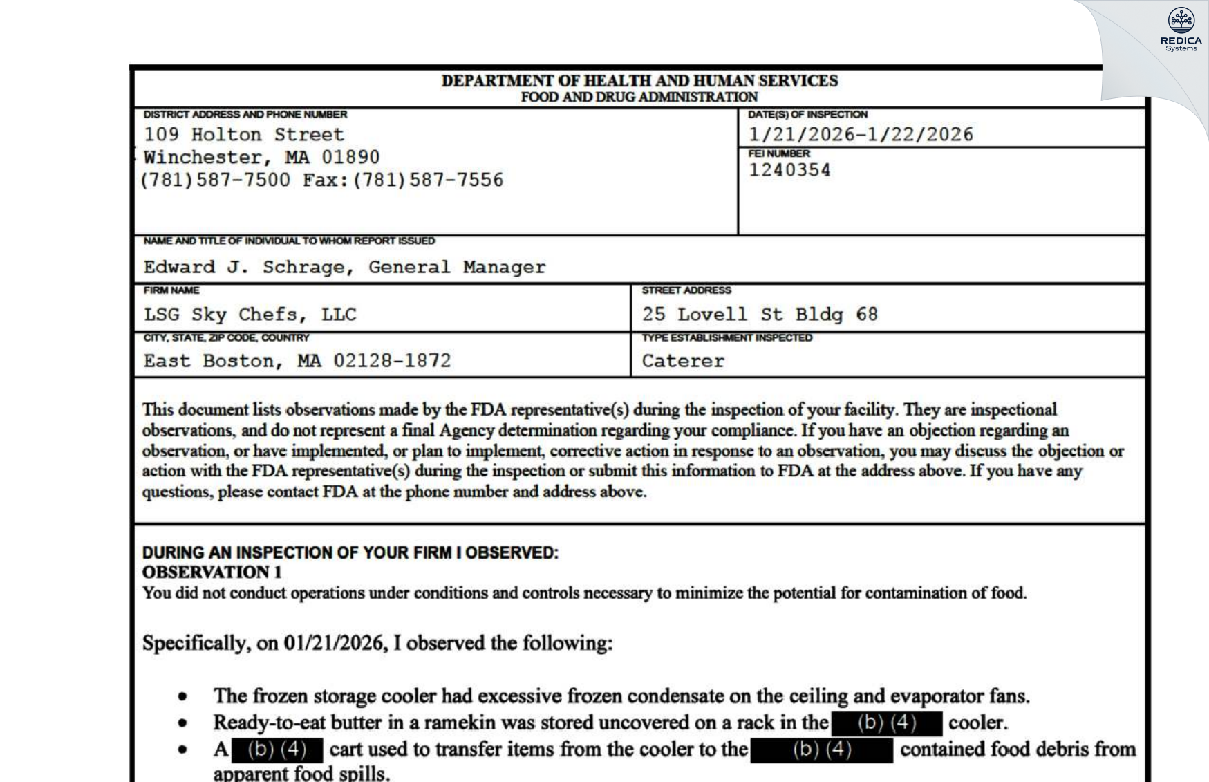 FDA 483 - LSG Sky Chefs, Inc. [East Boston / United States of America] - Download PDF - Redica Systems