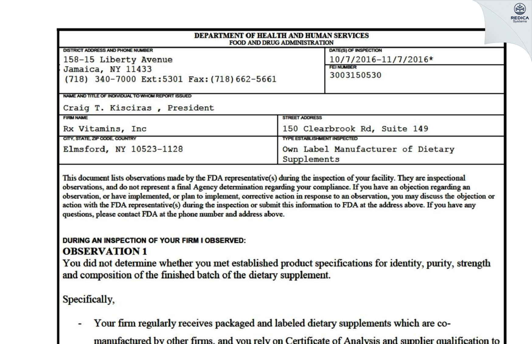 FDA 483 - Rx Vitamins, Inc [Elmsford / United States of America] - Download PDF - Redica Systems