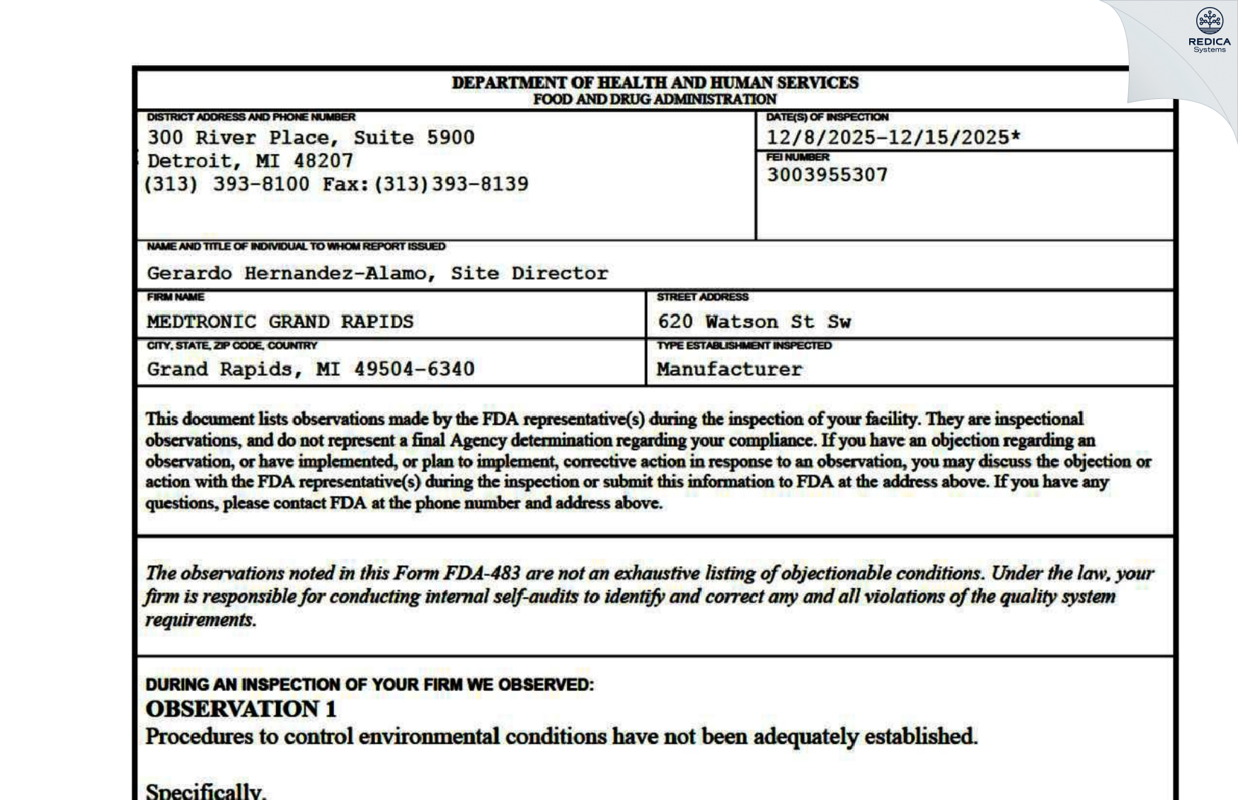 FDA 483 - Medtronic Grand Rapids [Grand Rapids / United States of America] - Download PDF - Redica Systems