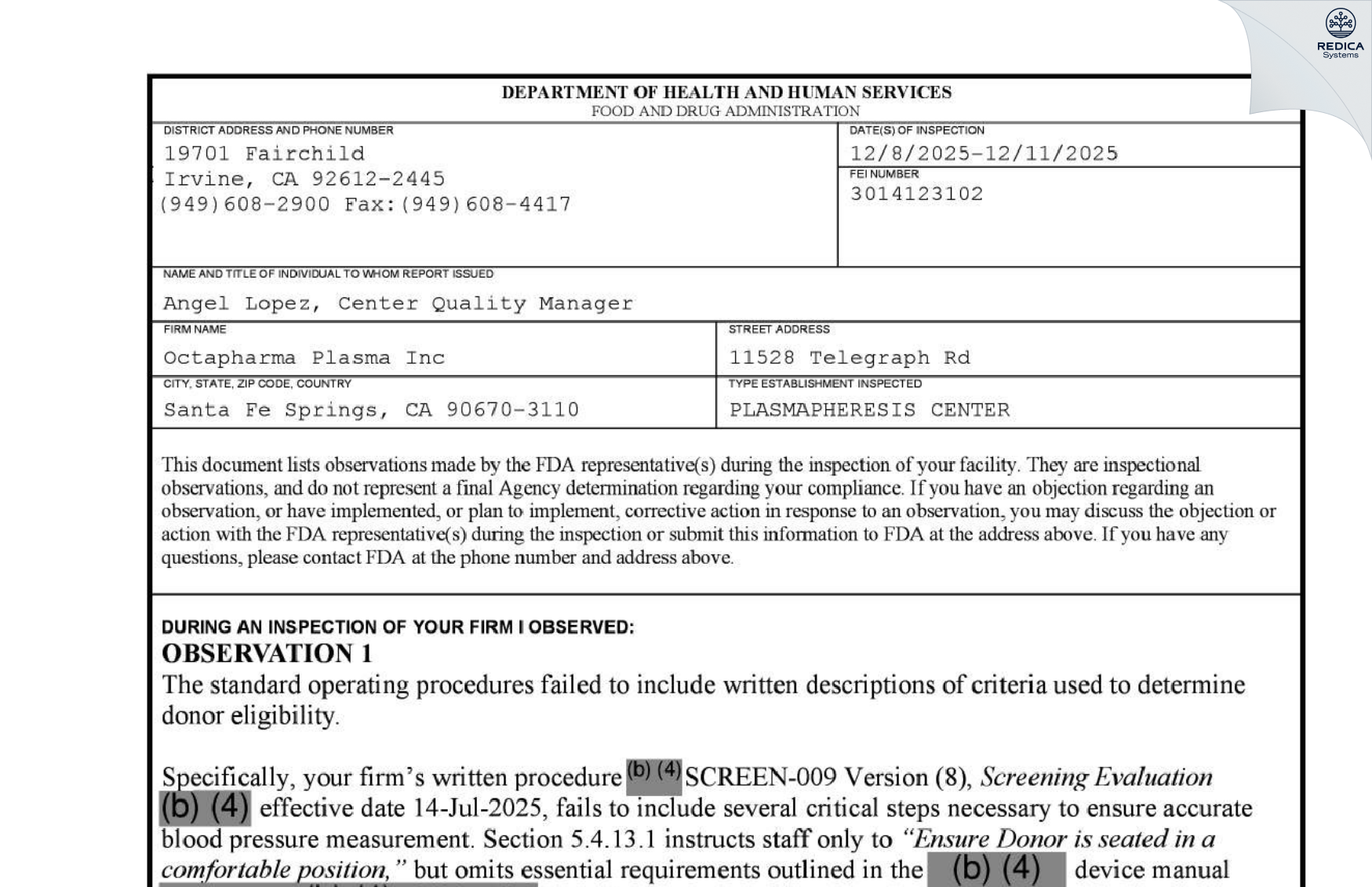 FDA 483 - Octapharma Plasma Inc [Santa Fe Springs / United States of America] - Download PDF - Redica Systems