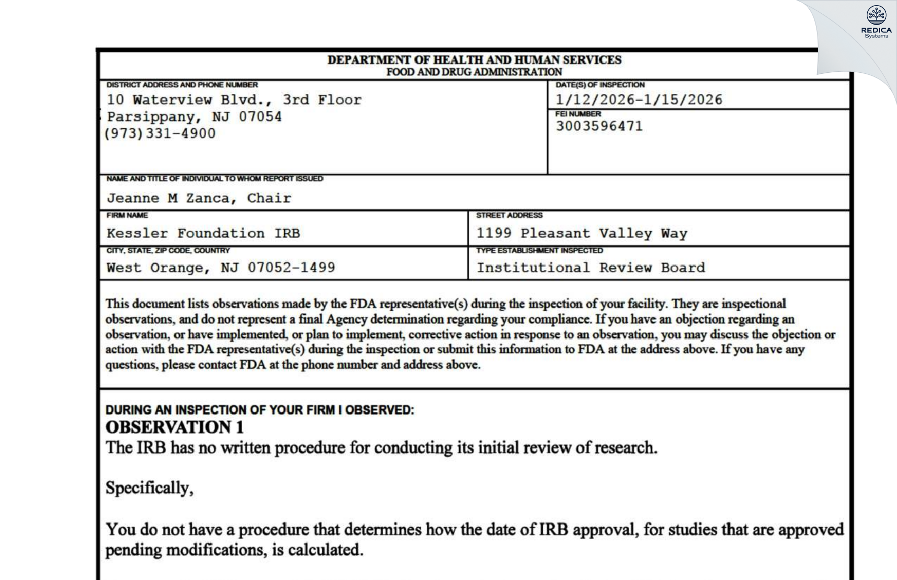 FDA 483 - Kessler Foundation IRB [West Orange / United States of America] - Download PDF - Redica Systems