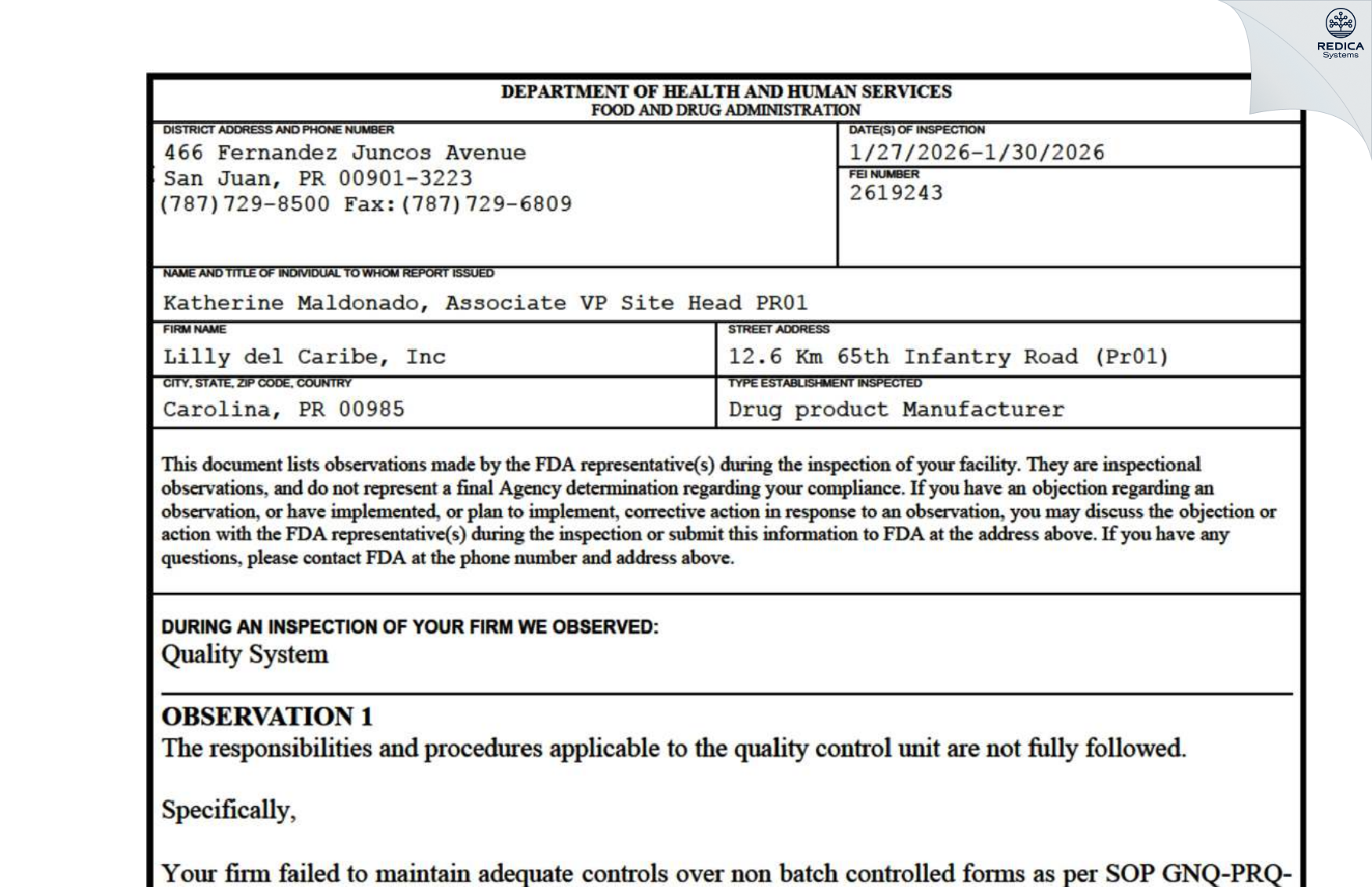 FDA 483 - Lilly del Caribe, Inc. [Buena Vista / Puerto Rico] - Download PDF - Redica Systems