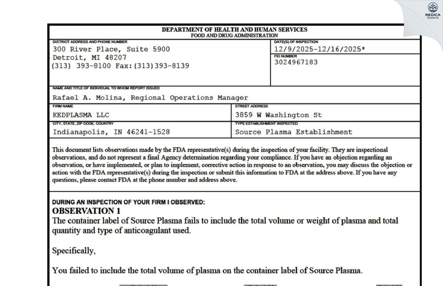 FDA 483 - ImmunoTek Bio Centers LLC [Indianapolis / United States of America] - Download PDF - Redica Systems