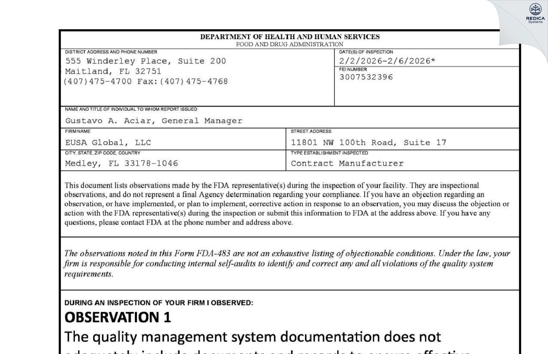 FDA 483 - EUSA Global, LLC [Medley / United States of America] - Download PDF - Redica Systems