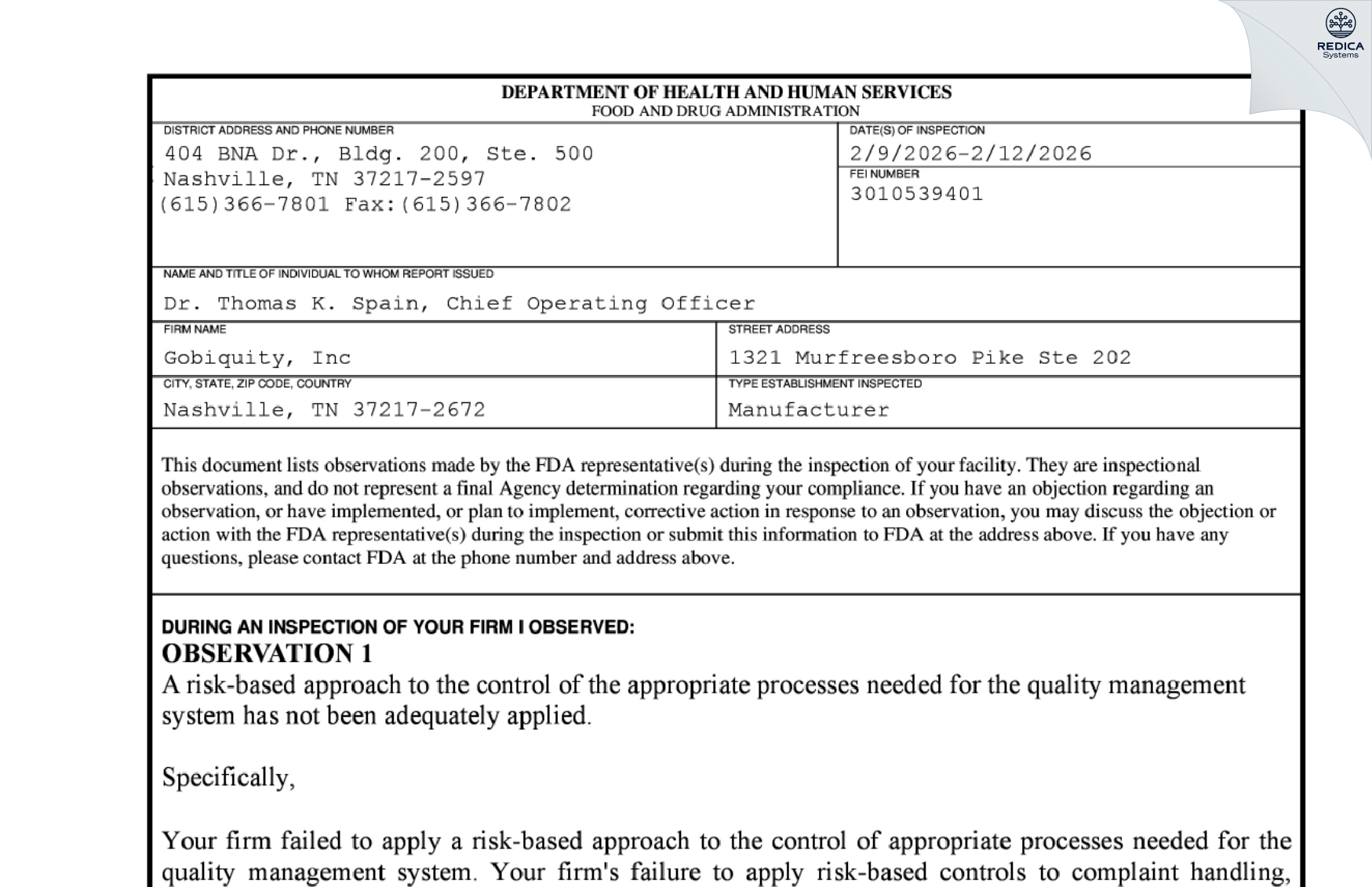 FDA 483 - Gobiquity, Inc [Valencia / United States of America] - Download PDF - Redica Systems
