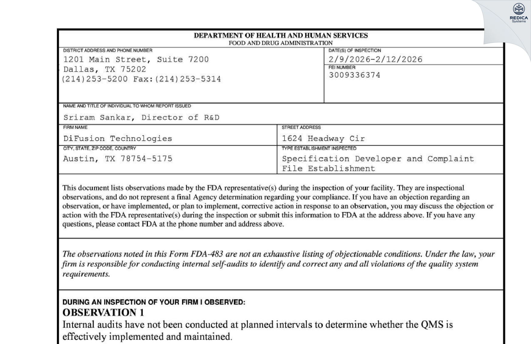FDA 483 - DiFusion Technologies [Austin / United States of America] - Download PDF - Redica Systems