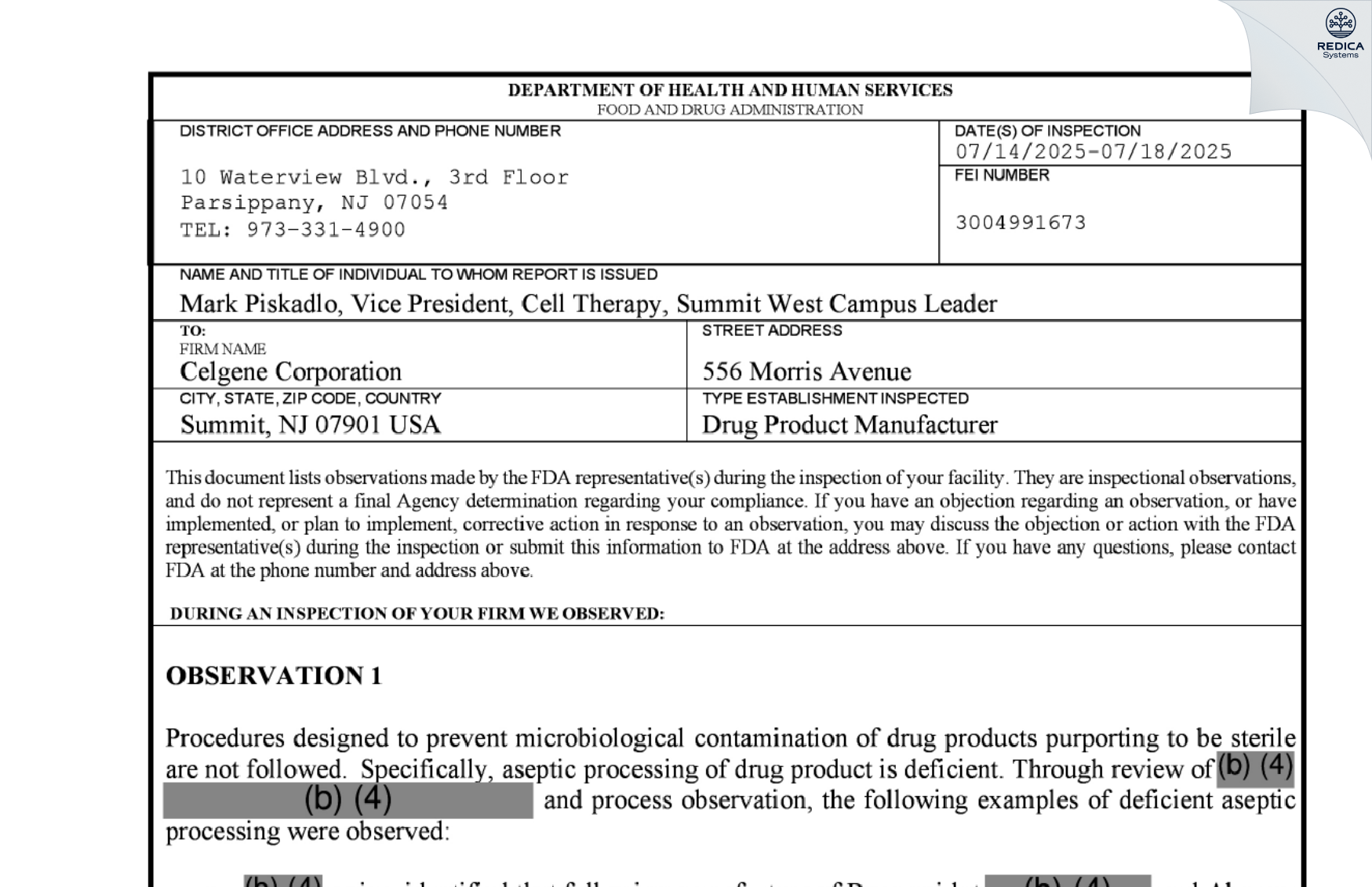 FDA 483 - CELGENE CORPORATION [Summit / United States of America] - Download PDF - Redica Systems