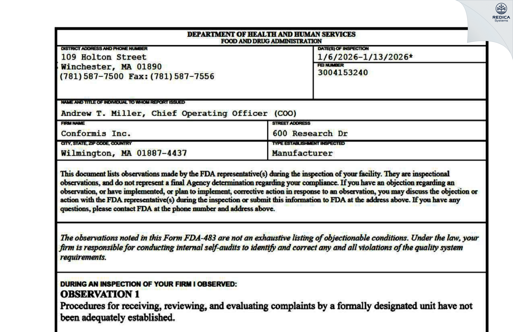 FDA 483 - Conformis Inc. [Wilmington / United States of America] - Download PDF - Redica Systems