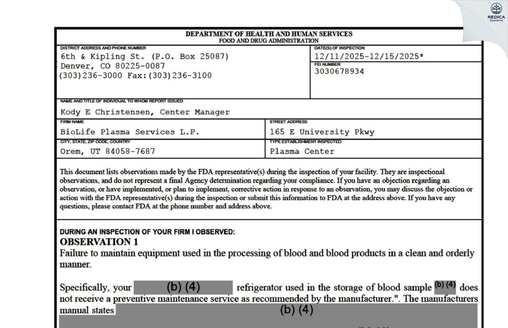 FDA 483 - BioLife Plasma Services L.P. [Orem / United States of America] - Download PDF - Redica Systems