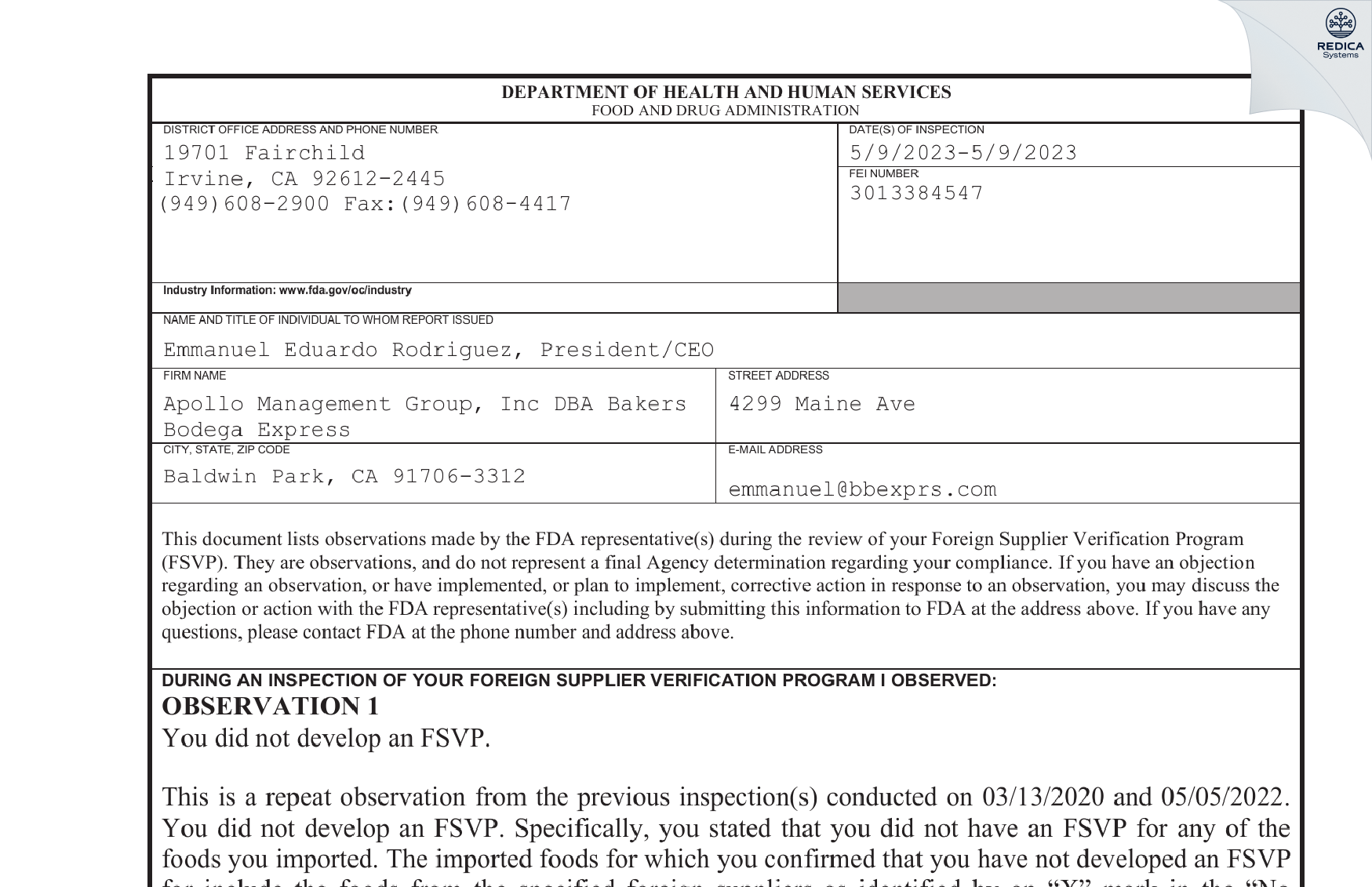 FDA 483 - Apollo Management Group, Inc DBA Bakers Bodega Express [Baldwin Park / United States of America] - Download PDF - Redica Systems