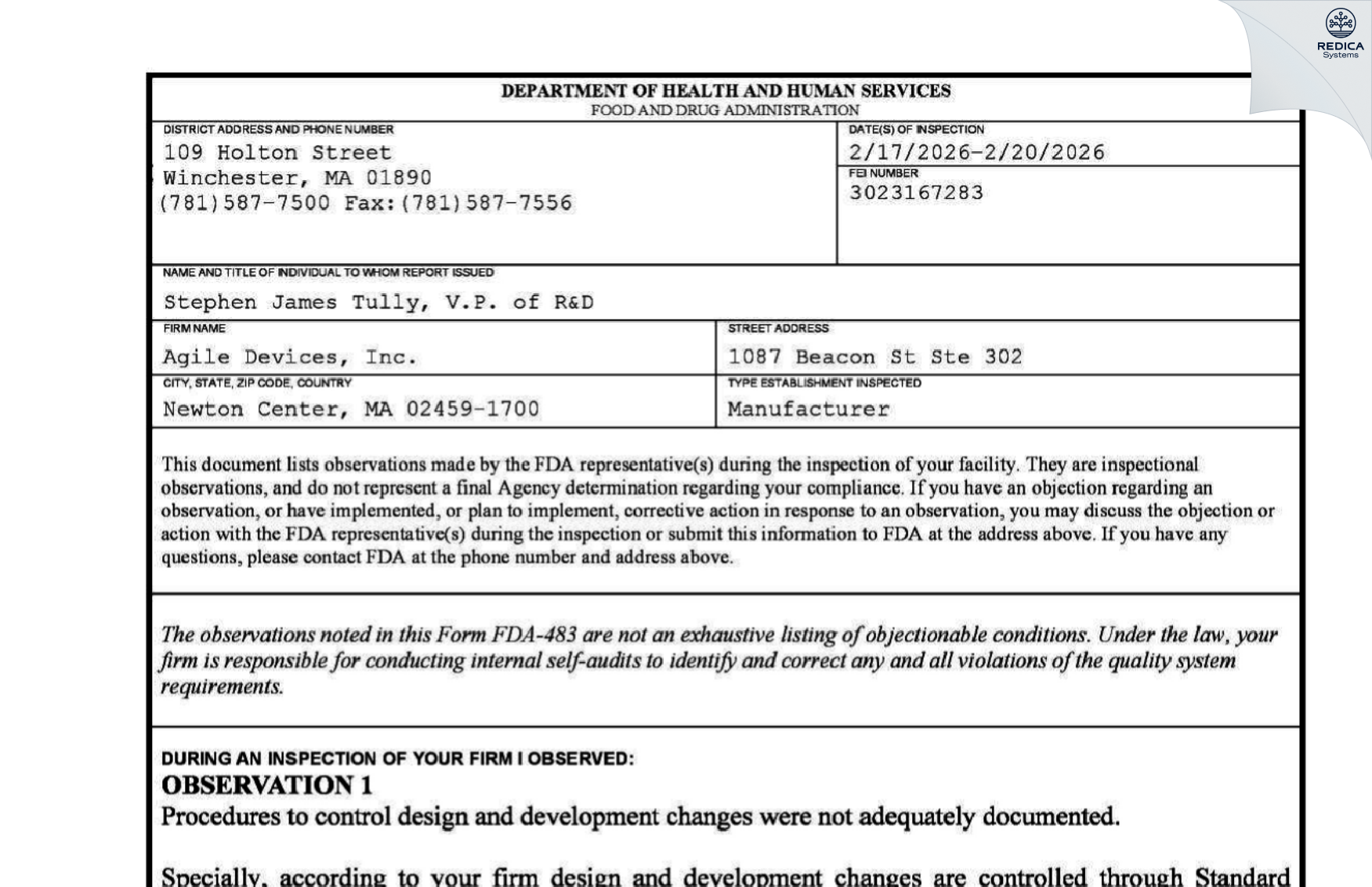 FDA 483 - Agile Devices, Inc. [Newton Center / United States of America] - Download PDF - Redica Systems