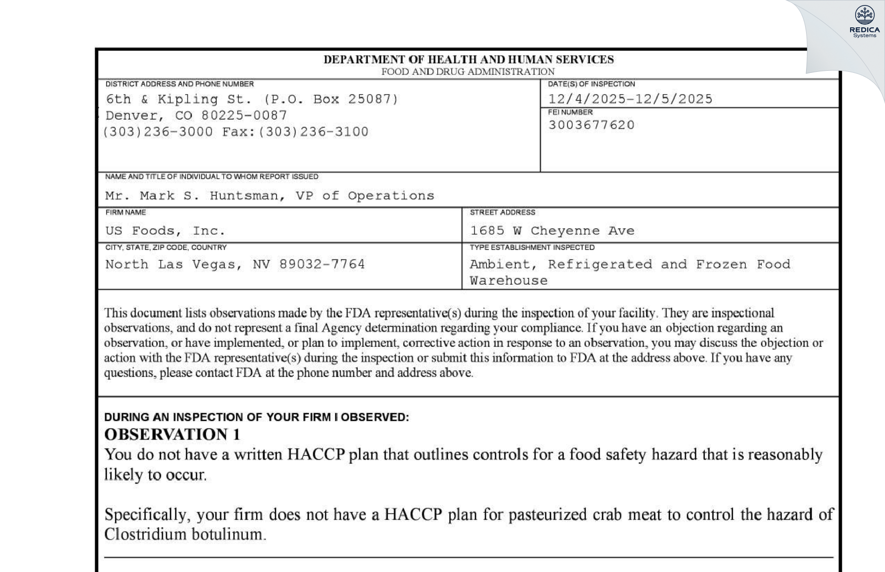 FDA 483 - US Foods, Inc. [North Las Vegas / United States of America] - Download PDF - Redica Systems