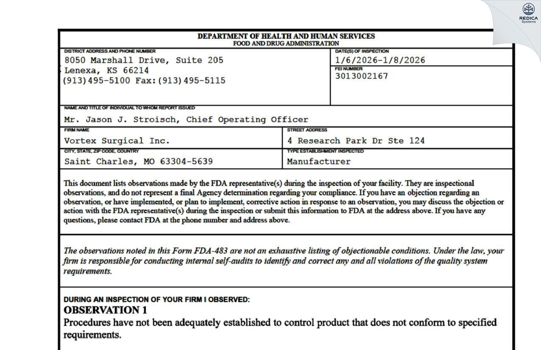 FDA 483 - Vortex Surgical Inc. [Saint Charles / United States of America] - Download PDF - Redica Systems