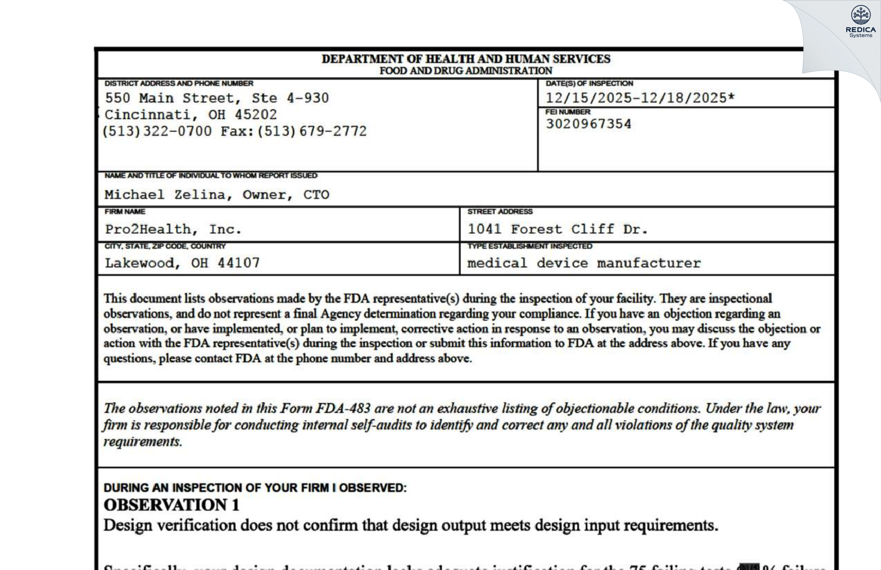 FDA 483 - PRO2HEALTH, INC. [Smithfield / United States of America] - Download PDF - Redica Systems