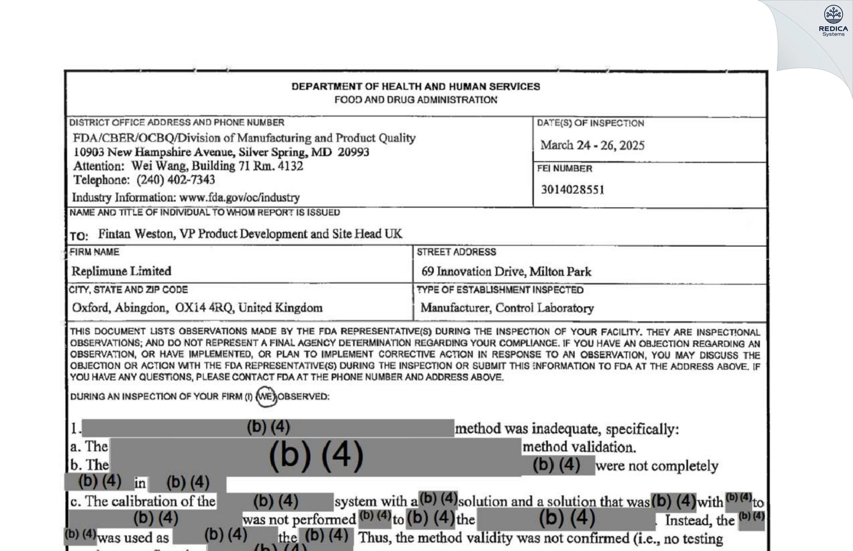 FDA 483 - Replimune Limited [Vale Of White Horse / United Kingdom of Great Britain and Northern Ireland] - Download PDF - Redica Systems