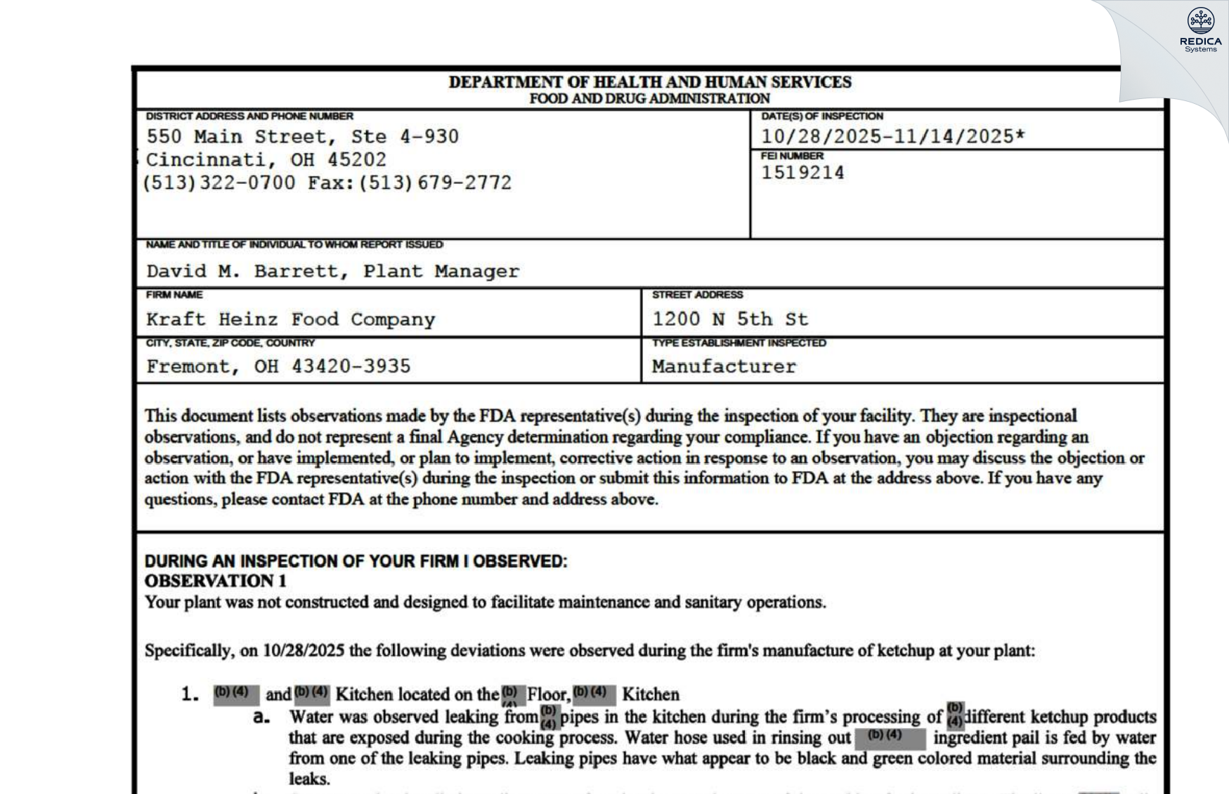 FDA 483 - Kraft Heinz Food Company [Fremont / United States of America] - Download PDF - Redica Systems