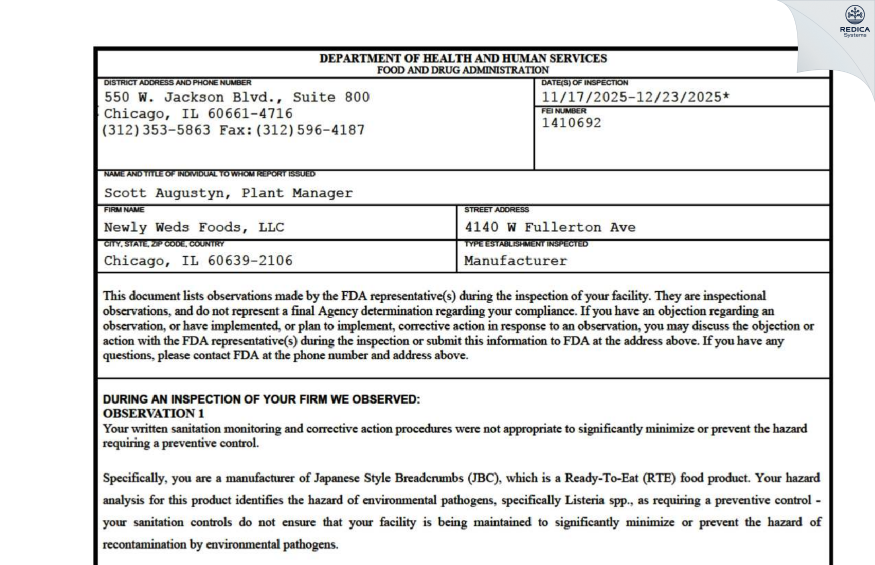 FDA 483 - NEWLY WEDS FOODS INC [Chicago / United States of America] - Download PDF - Redica Systems