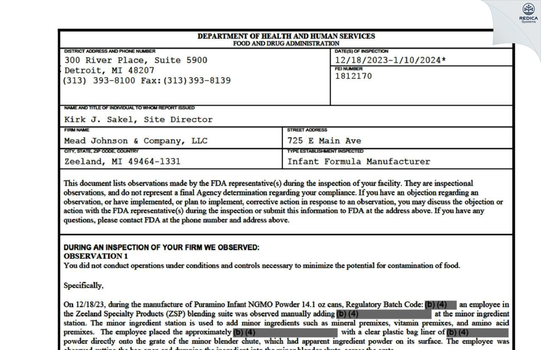 FDA 483 - Mead Johnson & Company, LLC [Zeeland / United States of America] - Download PDF - Redica Systems