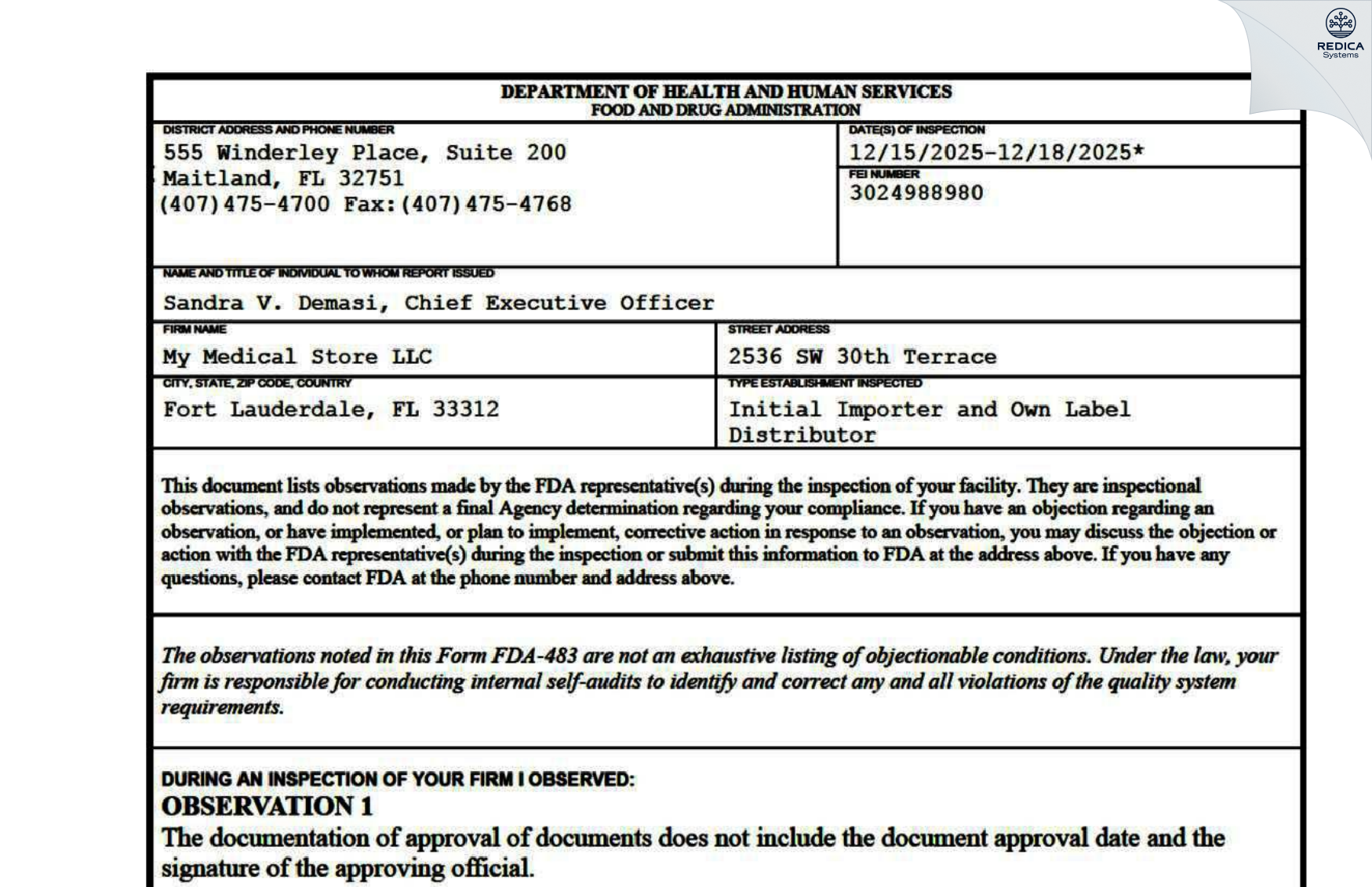 FDA 483 - MY MEDICAL STORE LLC [Miami Beach / United States of America] - Download PDF - Redica Systems