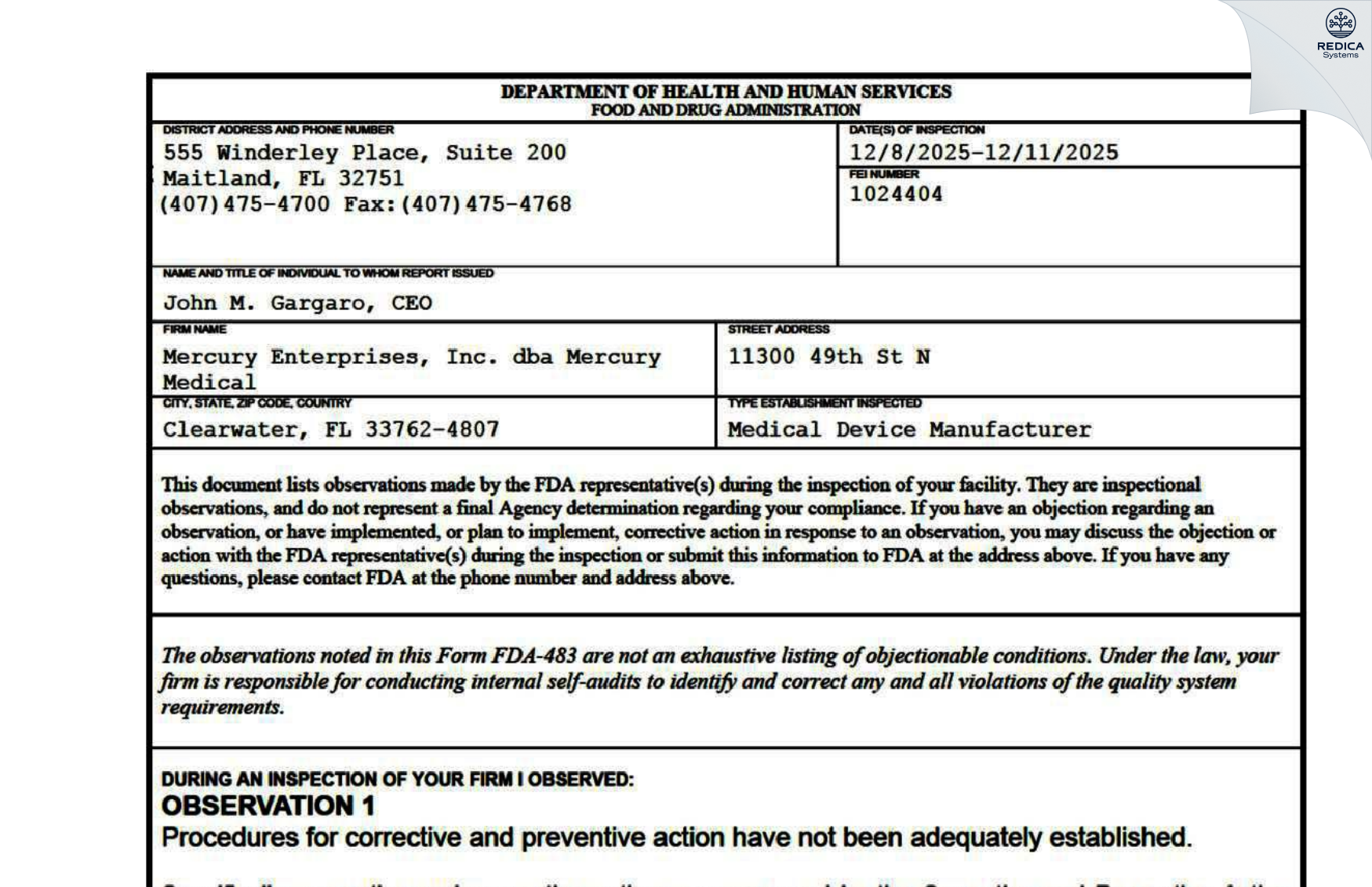 FDA 483 - Mercury Enterprises, Inc. dba Mercury Medical [Clearwater / United States of America] - Download PDF - Redica Systems