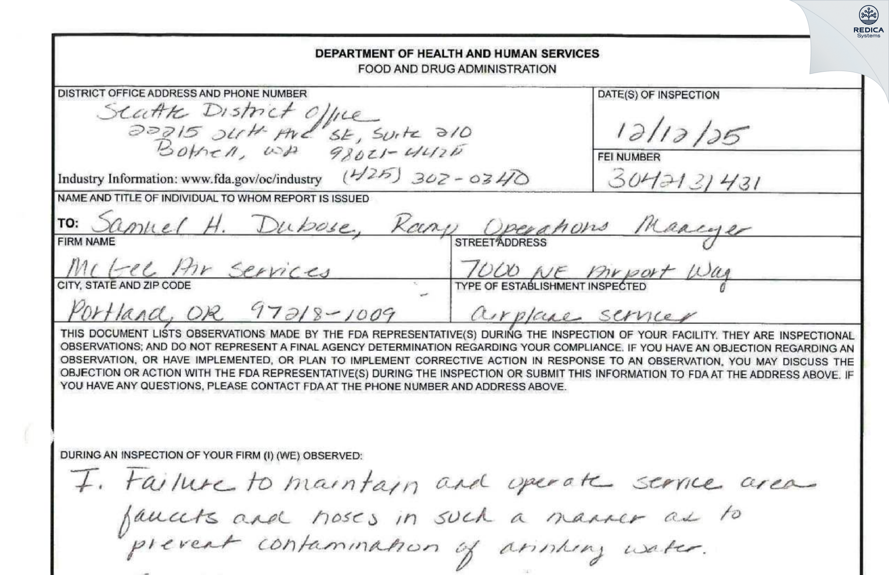FDA 483 - McGee Air Services [Portland / United States of America] - Download PDF - Redica Systems