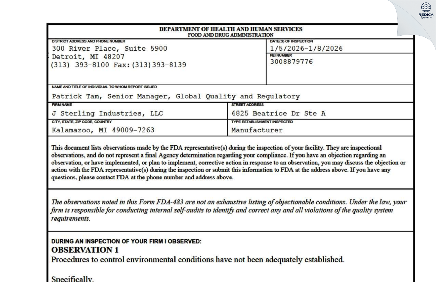 FDA 483 - J STERLING INDUSTRIES LLC [Kalamazoo / United States of America] - Download PDF - Redica Systems
