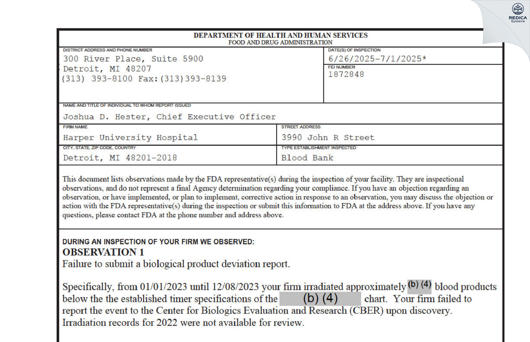 FDA 483 - Harper University Hospital [Detroit / United States of America] - Download PDF - Redica Systems