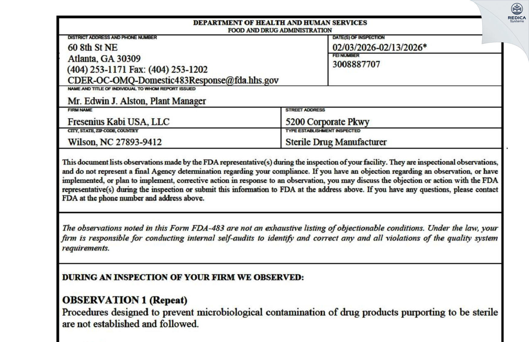 FDA 483 - Fresenius Kabi USA, LLC [Wilson / United States of America] - Download PDF - Redica Systems