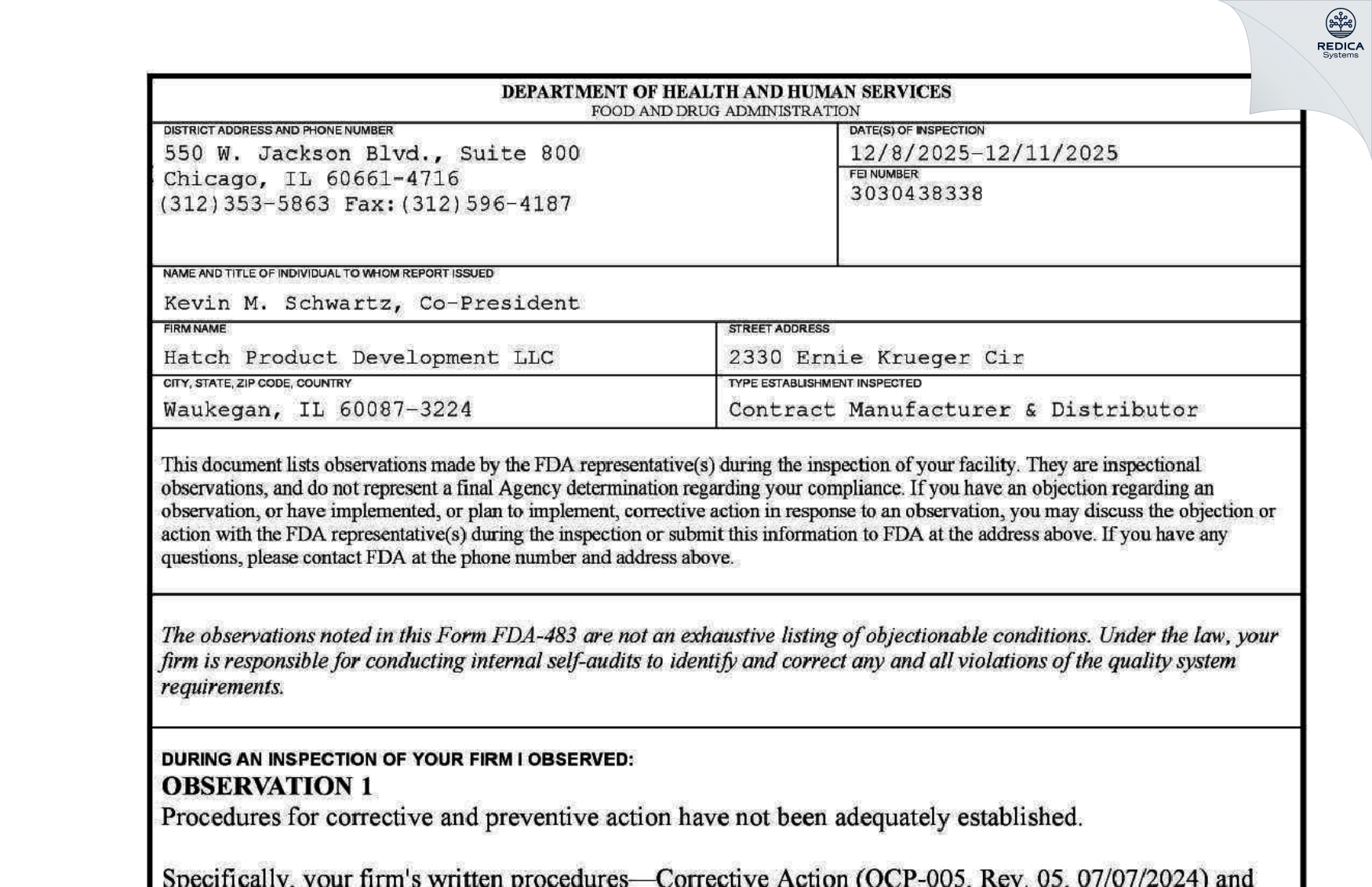 FDA 483 - HATCH PRODUCT DEVELOPMENT LLC [Waukegan / United States of America] - Download PDF - Redica Systems