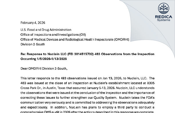 FDA 483 Response - Nuclein, LLC [Austin / United States of America] - Download PDF - Redica Systems