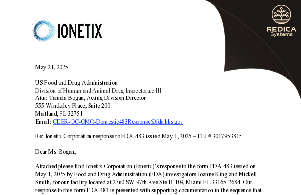 FDA 483 Response - Ionetix Corporation [Miami / United States of America] - Download PDF - Redica Systems