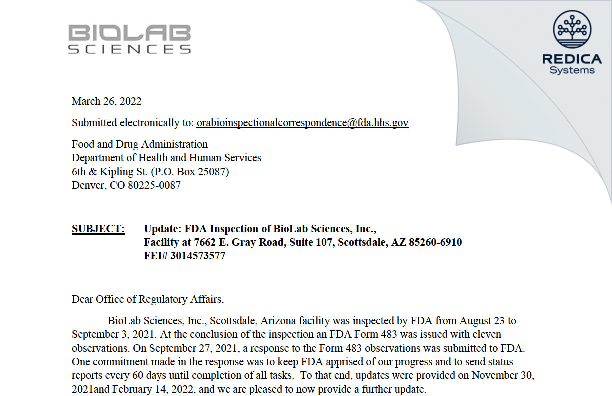 FDA 483 Response - BLS Labs, LLC [Scottsdale / United States of America] - Download PDF - Redica Systems