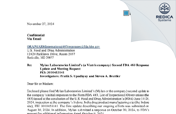 FDA 483 Response - Mylan Laboratories Limited [Dhar Sub-District / India] - Download PDF - Redica Systems