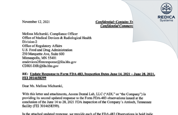 FDA 483 Response - Access Dental Lab, LLC [Antioch / United States of America] - Download PDF - Redica Systems
