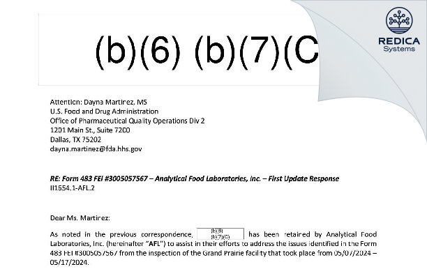 FDA 483 Response - Analytical Food Laboratories [Grand Prairie / United States of America] - Download PDF - Redica Systems