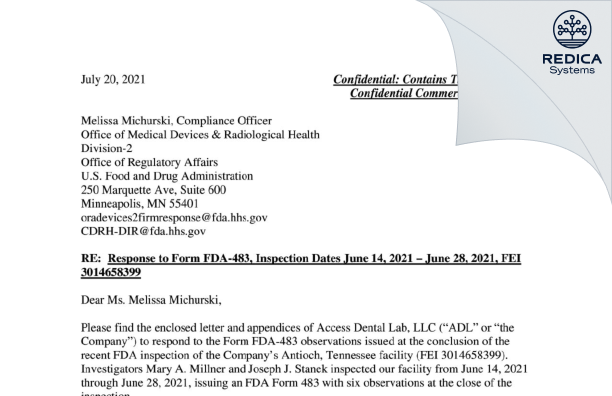 FDA 483 Response - Access Dental Lab, LLC [Antioch / United States of America] - Download PDF - Redica Systems