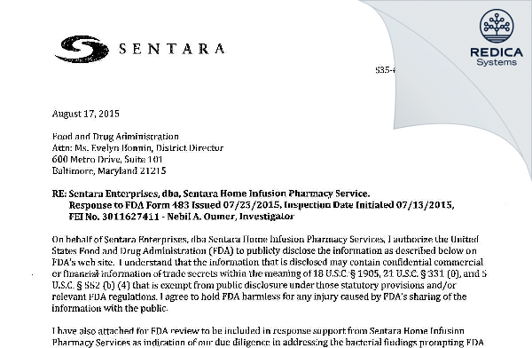 FDA 483 Response - Sentara Infusion Services [Chesapeake / United States of America] - Download PDF - Redica Systems